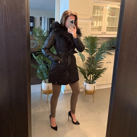 Black Down Parka with Leather Details and Removable Fur, Rudsak, US M - Picture 2 of 9